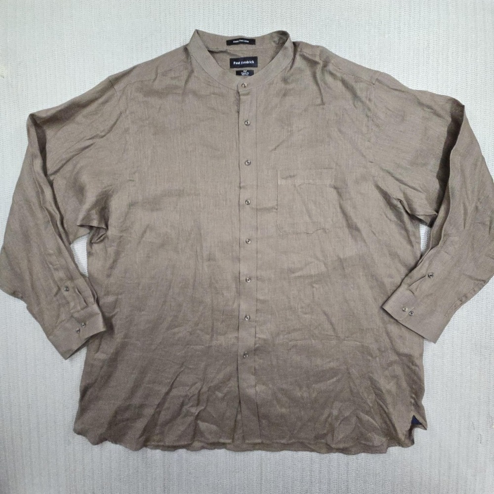Paul Fredrick Shirt Mens 3XLT Brown Linen Long Sleeve Band Collar Casual
